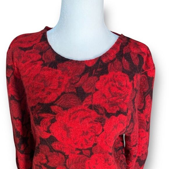 Vintage 90s Sweater Cherry Red Black Dark Floral Knit Pullover Wool Angora - Picture 4 of 9